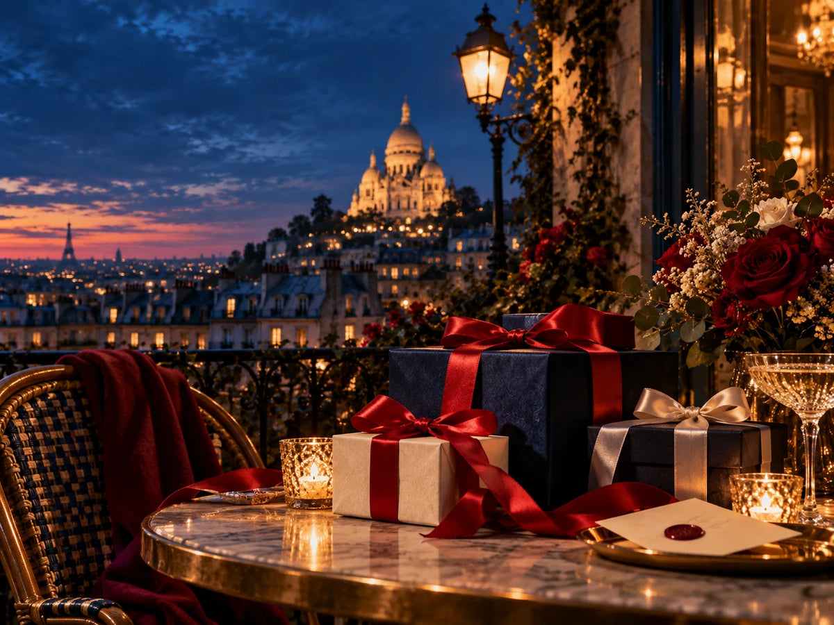 Jean Paul Gaultier editorial gifting, wrapped presents and red roses at blue hour overlooking Sacré-Cœur, Paris