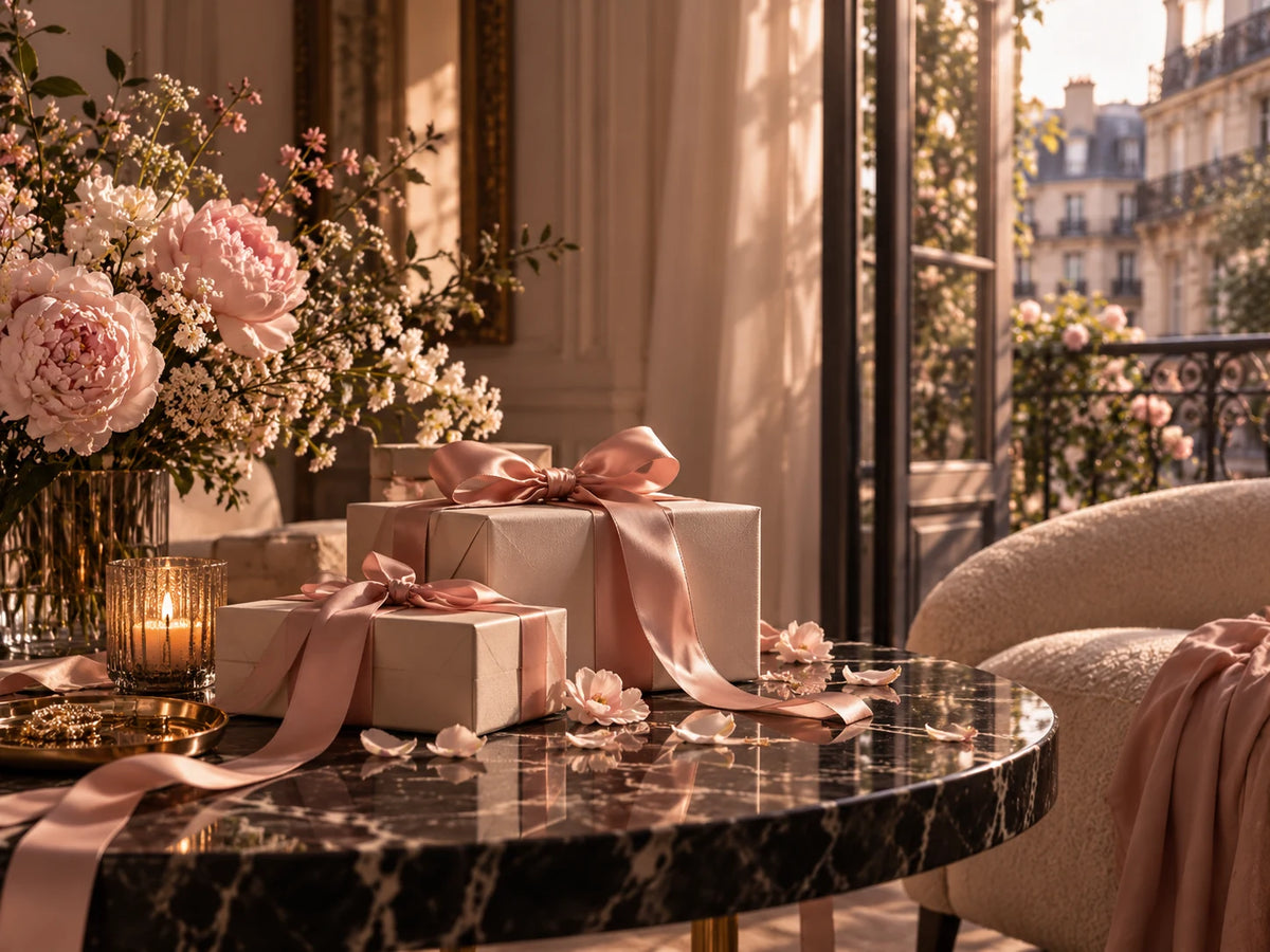 Jean Paul Gaultier editorial fragrance atmosphere, elegant Parisian interior with pink flowers and ribbon-wrapped gifts