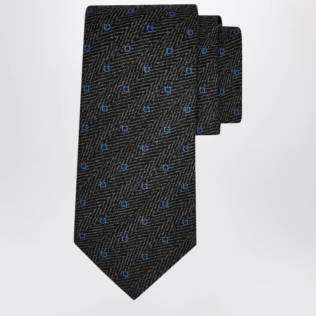 Ferragamo - Grey/Light Blue Gancini Chevron Tie
