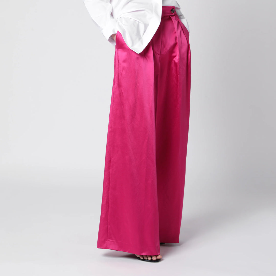 Dries Van Noten - Wide pleated fuchsia satin trousers