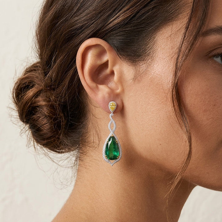 Leibish Green Zambian Emerald &amp; Canary Yellow Diamond Drop Earrings