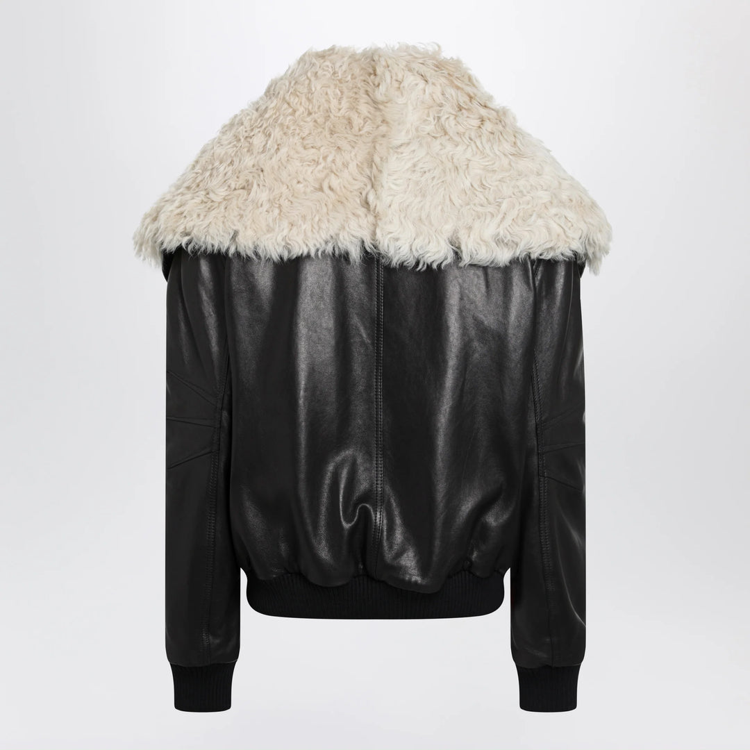 The Attico - Black leather bomber jacket with shearling collar