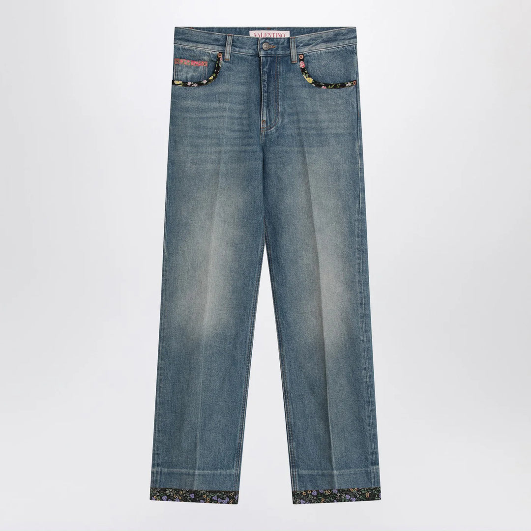 Valentino - Washed blue jeans with floral fabric trims
