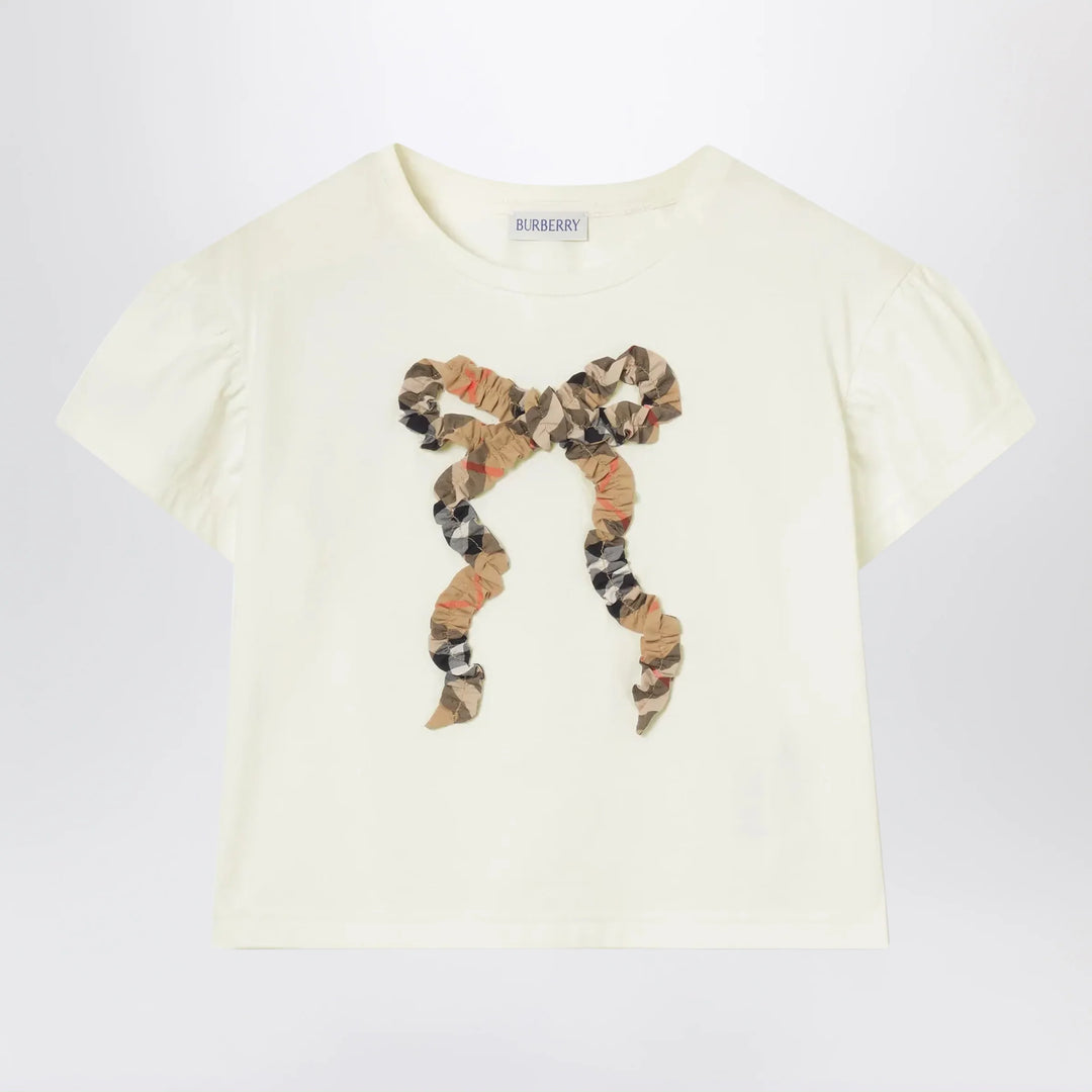 Burberry - Chalk white T-shirt with bow with Checked pattern