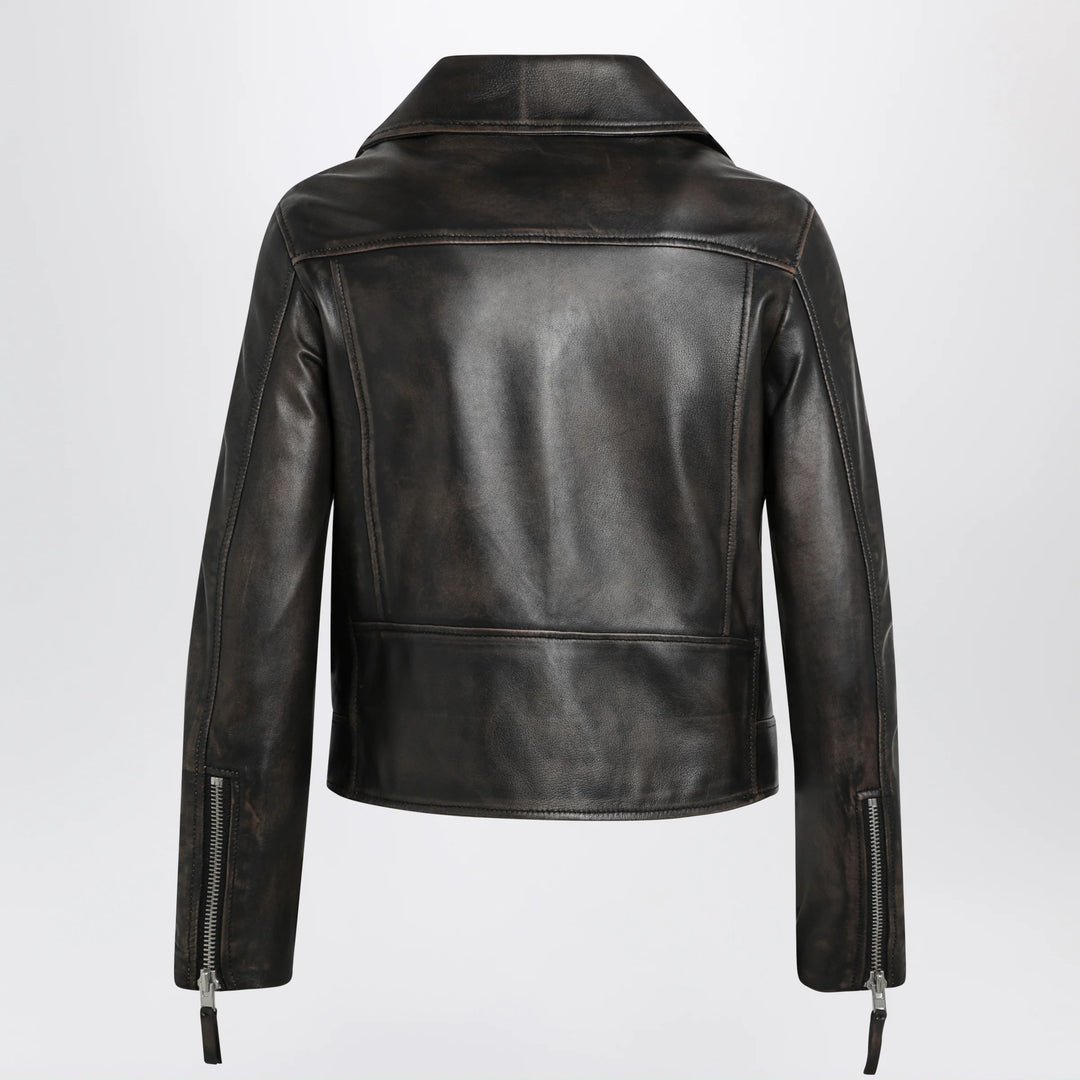 Sword 6644 - Black vintage-effect leather biker jacket