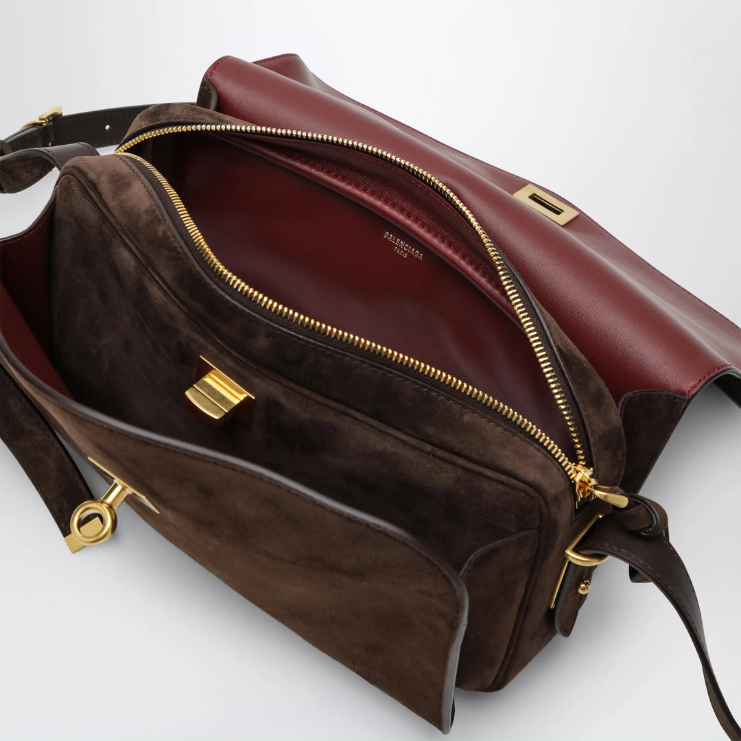 Balenciaga - Le 7 Medium suede calfskin shoulder bag in Moka/Ruby