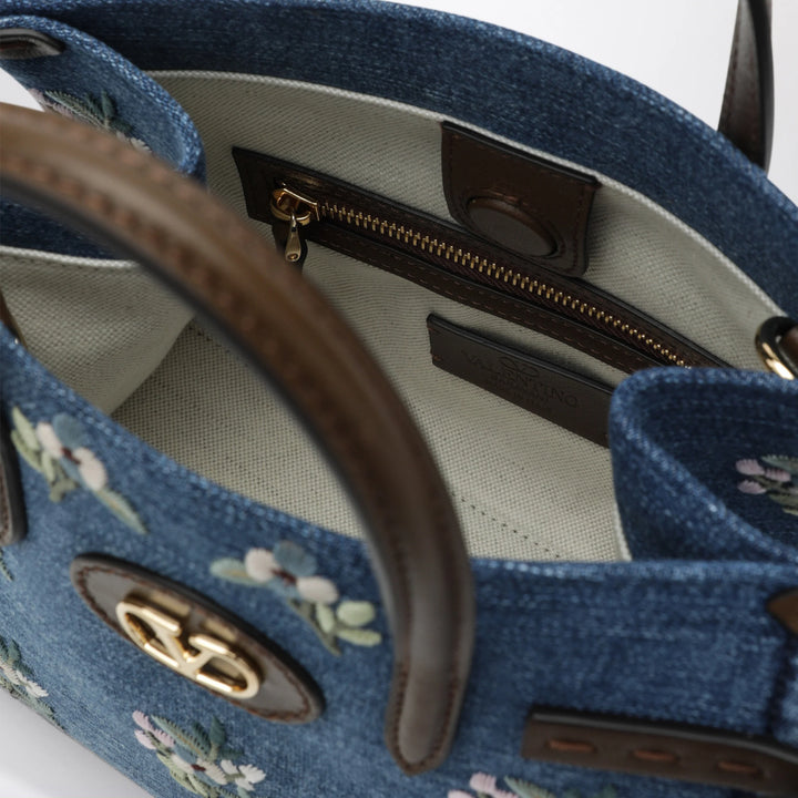 Valentino Garavani - Antibes small embroidered denim shopping bag in blue