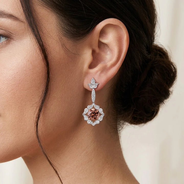 18K White and Rose Gold Fancy Brown Drop Halo Earrings
