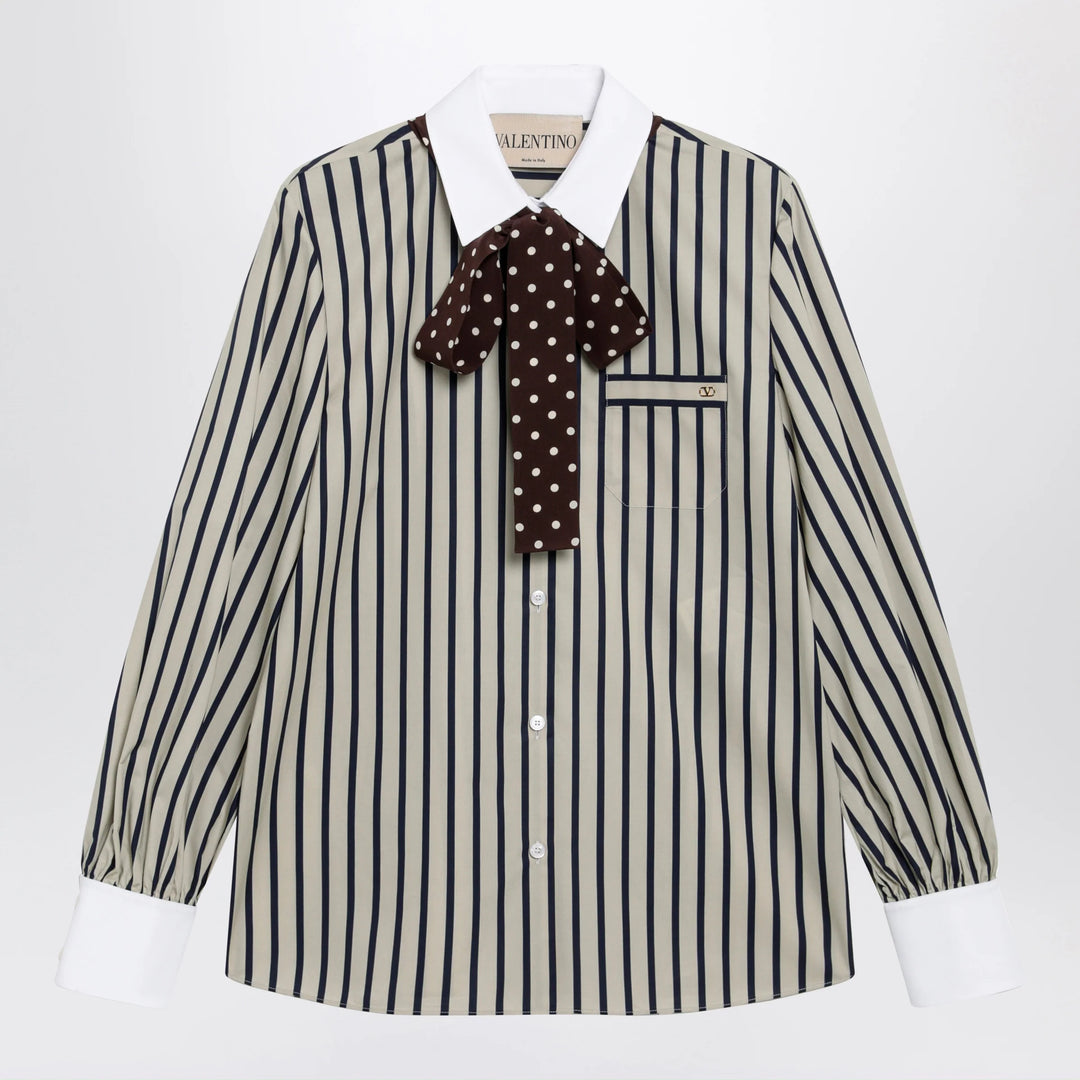 Valentino - Striped cotton shirt with scarf in beige and blue