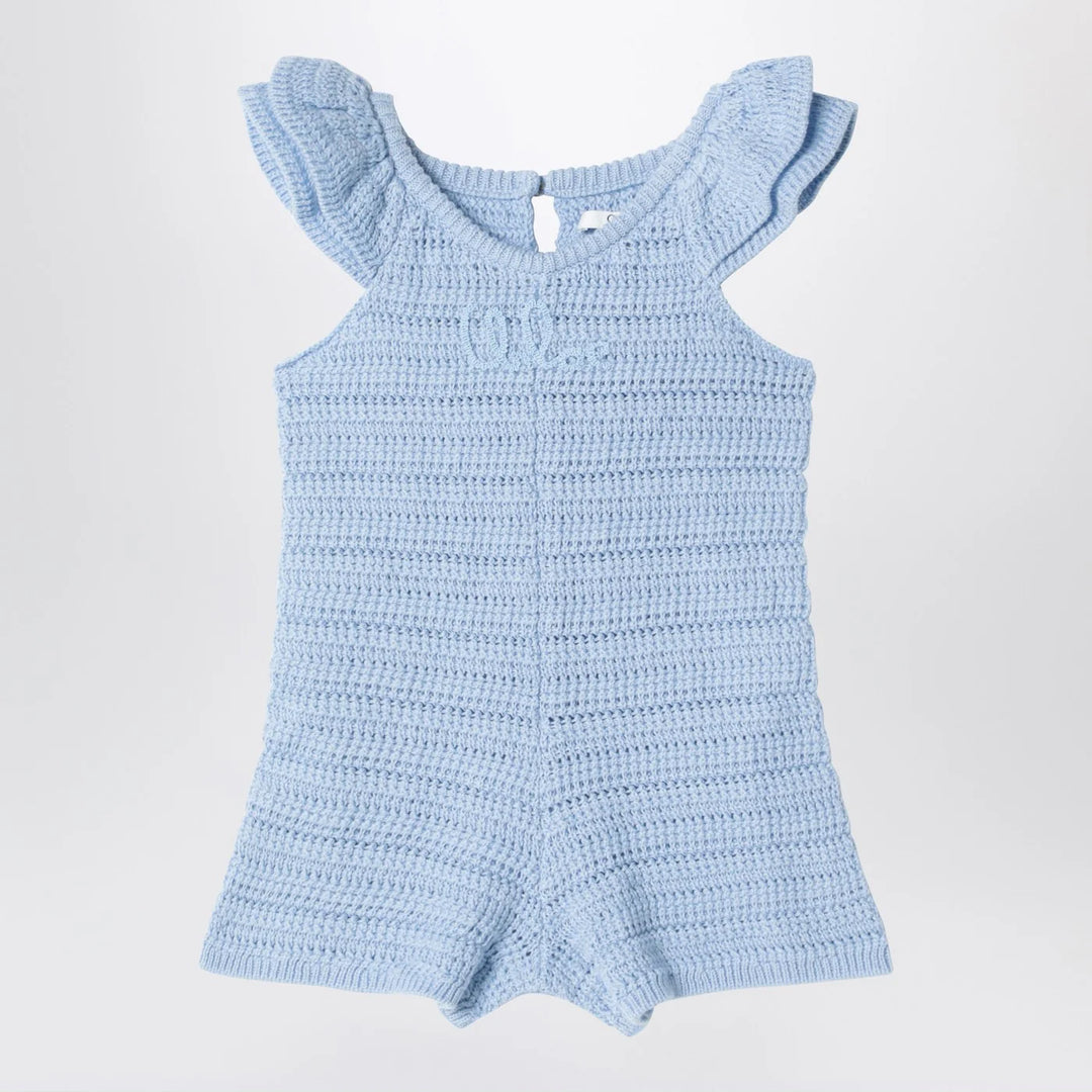 Chloé - Light blue openwork romper with logo embroidery