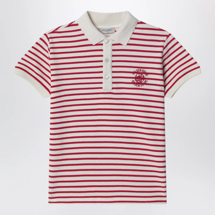 Golden Goose - White/red striped polo shirt with logo embroidery