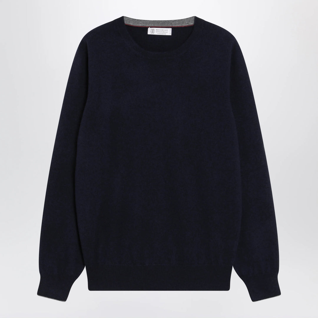 Brunello Cucinelli - Navy blue cashmere crewneck sweater with contrast trim