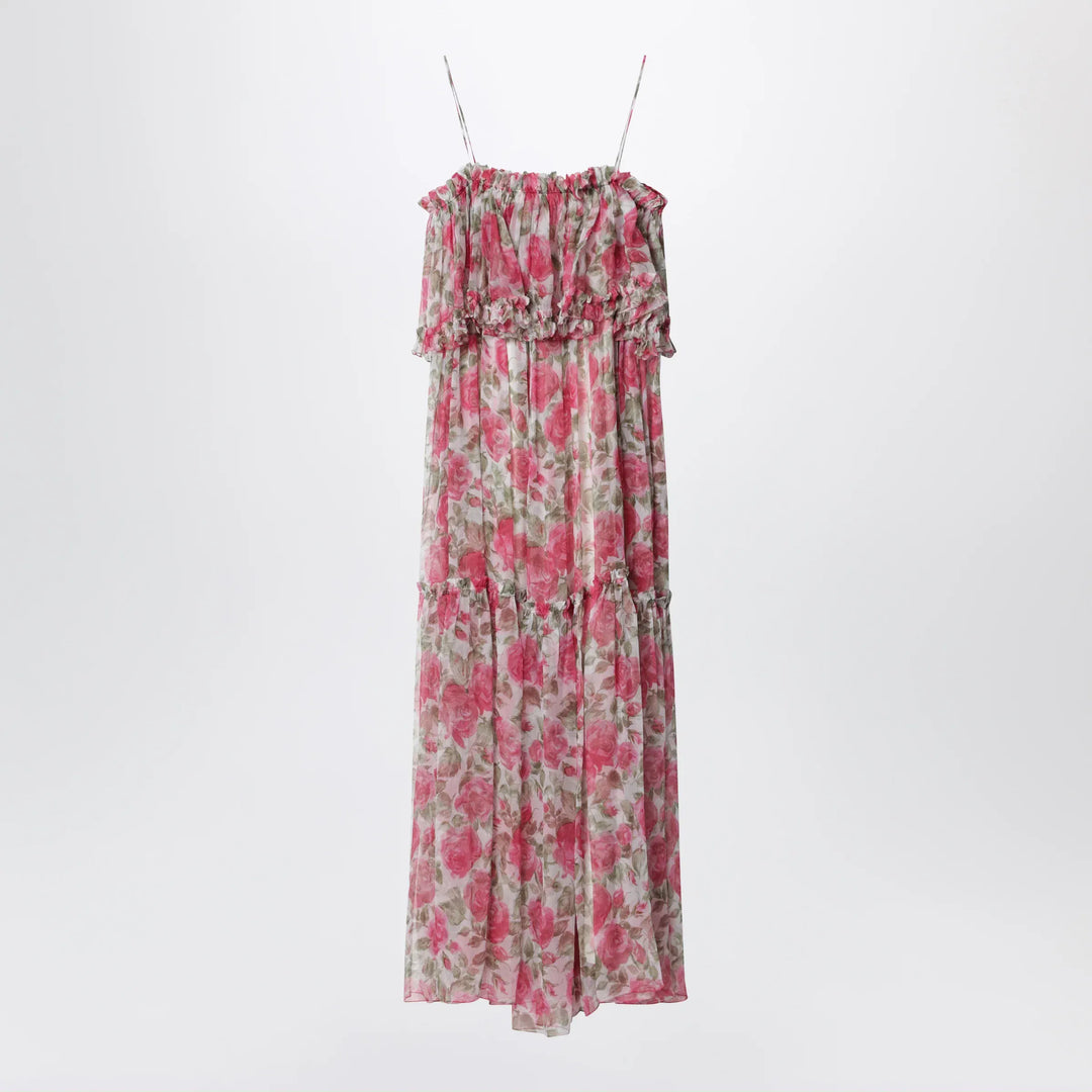 Chloé - Long silk muslin dress with rose print, white/pink Brand Apparel &amp; Accessories 38  FR