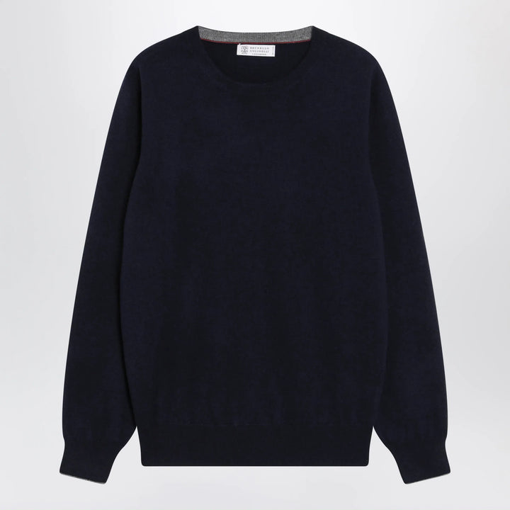 Brunello Cucinelli - Navy blue cashmere crewneck sweater with contrast trim Brand Apparel &amp; Accessories > Clothing > Shirts &amp; Tops