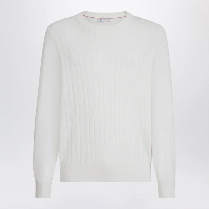 Brunello Cucinelli - White ribbed cotton sweater Brand Apparel &amp; Accessories > Clothing > Shirts &amp; Tops 48 IT