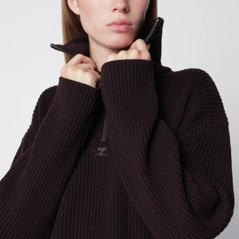 Courrèges - Dark burgundy ribbed zip sweater Brand Apparel & Accessories > Clothing > Shirts & Tops