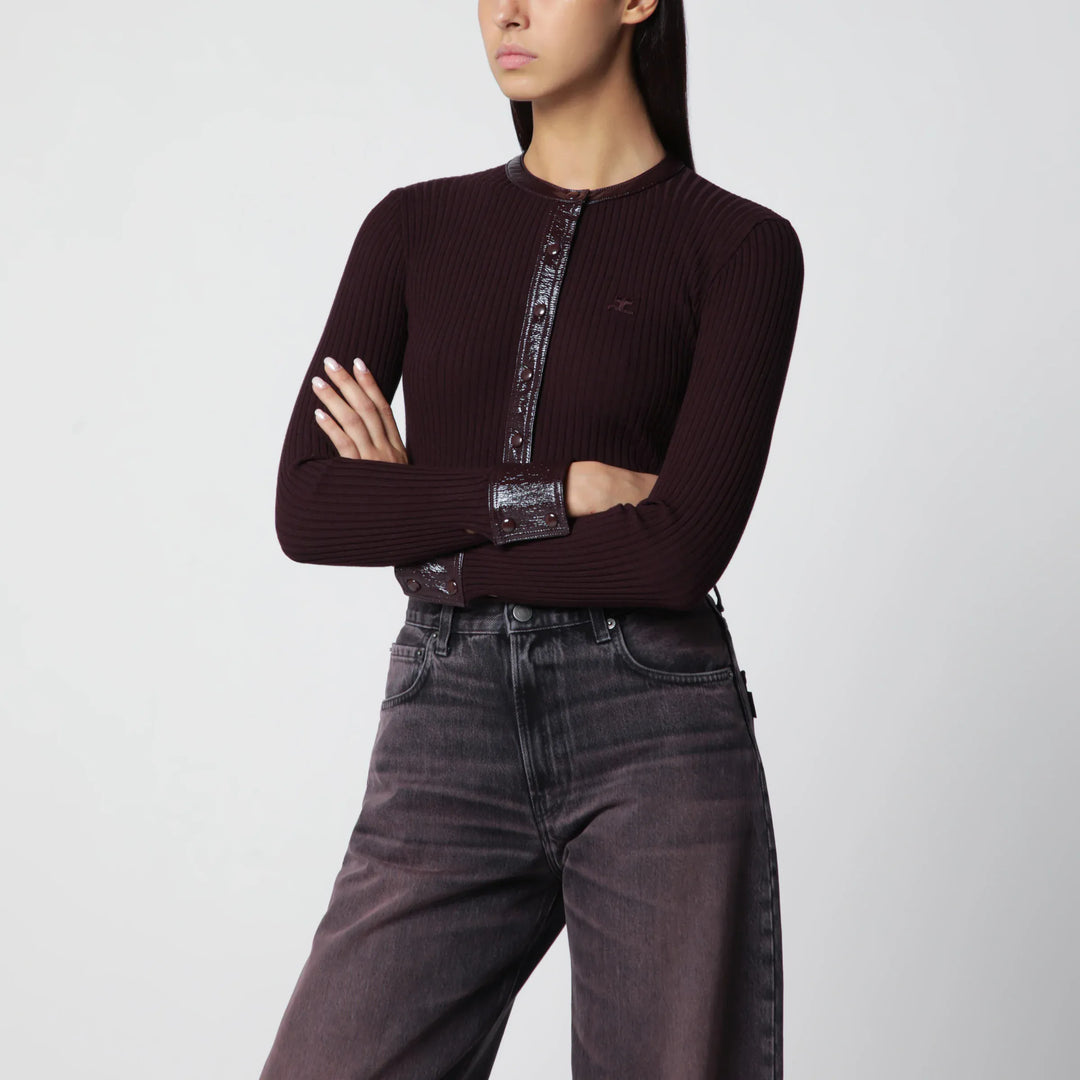 Courrèges - Ribbed knit cardigan with vinyl trim in burgundy Brand Apparel &amp; Accessories > Clothing > Shirts &amp; Tops S