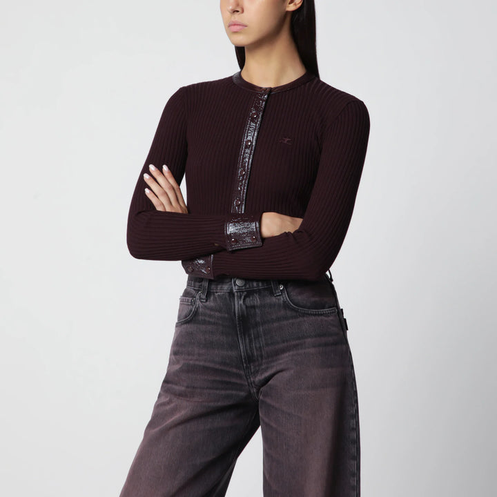 Courrèges - Ribbed knit cardigan with vinyl trim in burgundy Brand Apparel &amp; Accessories > Clothing > Shirts &amp; Tops S