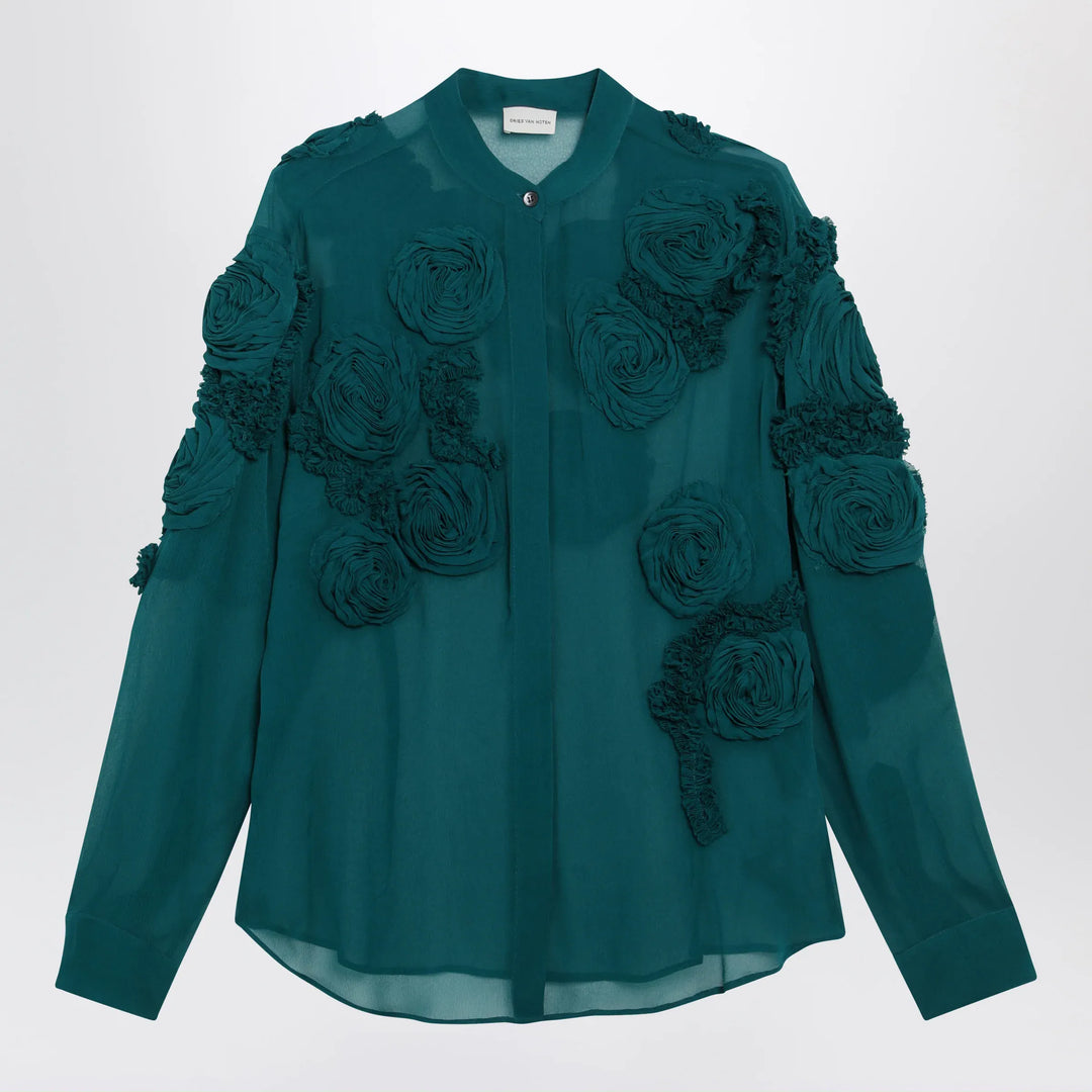 Dries Van Noten - Petrol green shirt with raised rose details Brand Apparel & Accessories > Clothing > Shirts & Tops 36  FR