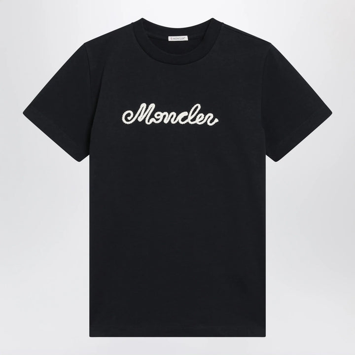 Moncler - Navy blue T-shirt with logo embroidery Brand Apparel &amp; Accessories > Clothing > Shirts &amp; Tops S