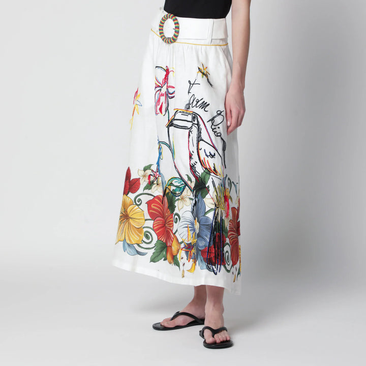 FARM Rio - White linen skirt with tropical embroidery Brand Apparel &amp; Accessories > Clothing > Skirts
