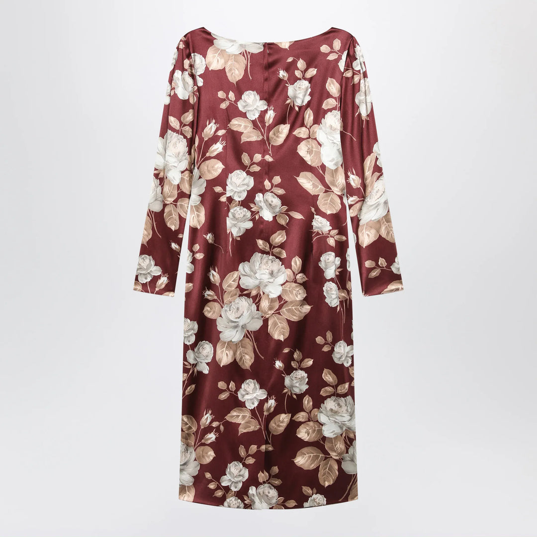 Dolce&amp;Gabbana - Burgundy satin dress with floral print Brand Apparel &amp; Accessories 44  IT