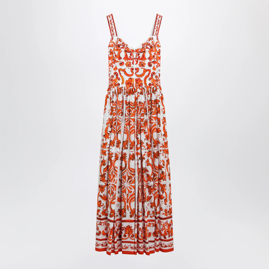 Dolce&amp;Gabbana - Maiolica-print poplin maxi dress in orange cotton Brand Apparel &amp; Accessories 40  IT