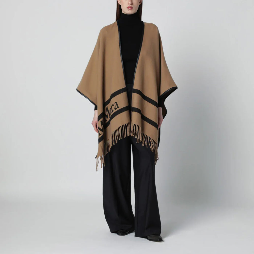 Max Mara - Camel jacquard wool poncho Brand Apparel & Accessories TU