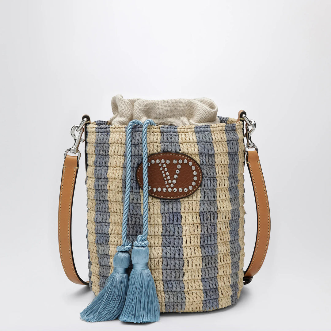 Valentino Garavani - Small bucket bag in raffia with beige and light blue stripes Brand Apparel &amp; Accessories TU