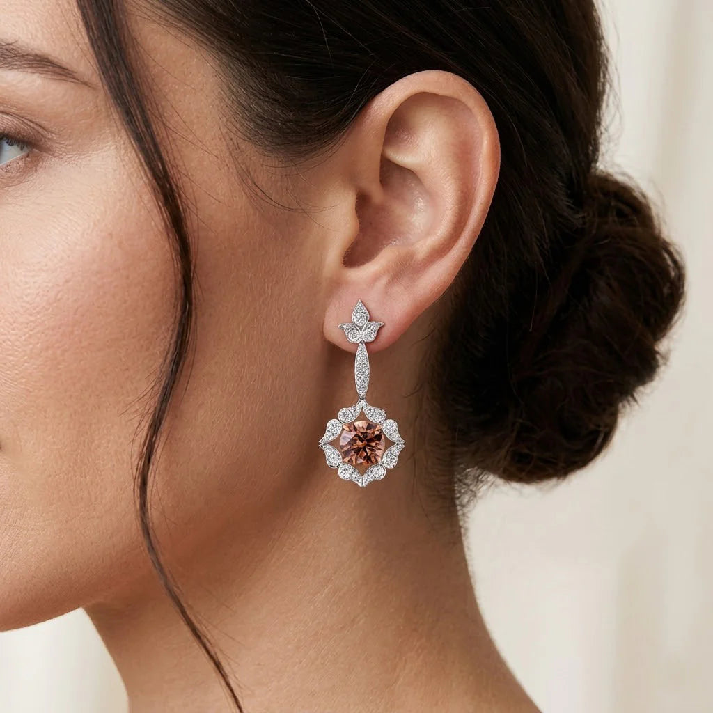 18K White and Rose Gold Fancy Brown Drop Halo Earrings Brand Earrings