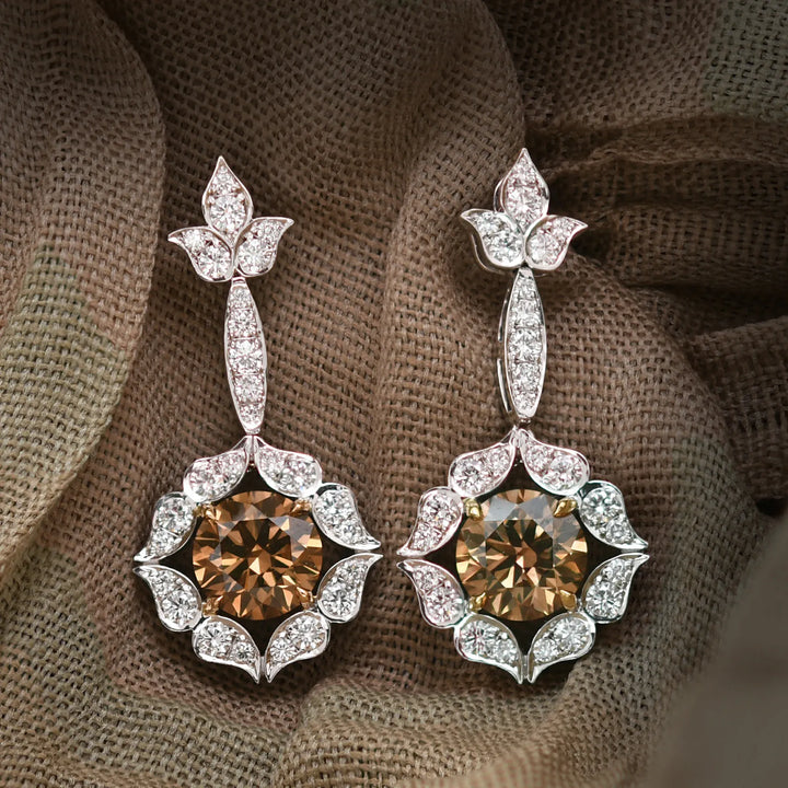 18K White and Rose Gold Fancy Brown Drop Halo Earrings Brand Earrings