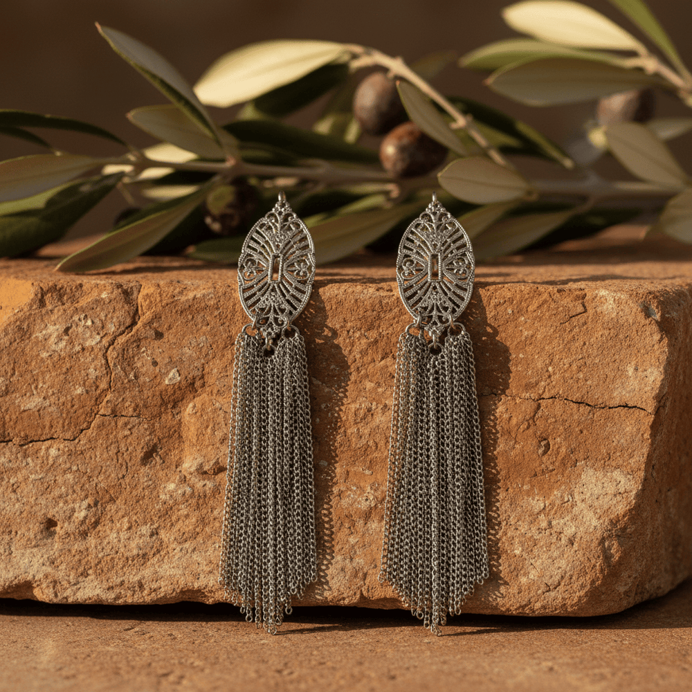 Giora' Italian Filigrain Oval Earrings with Long Fringe Pendant Brand Earrings