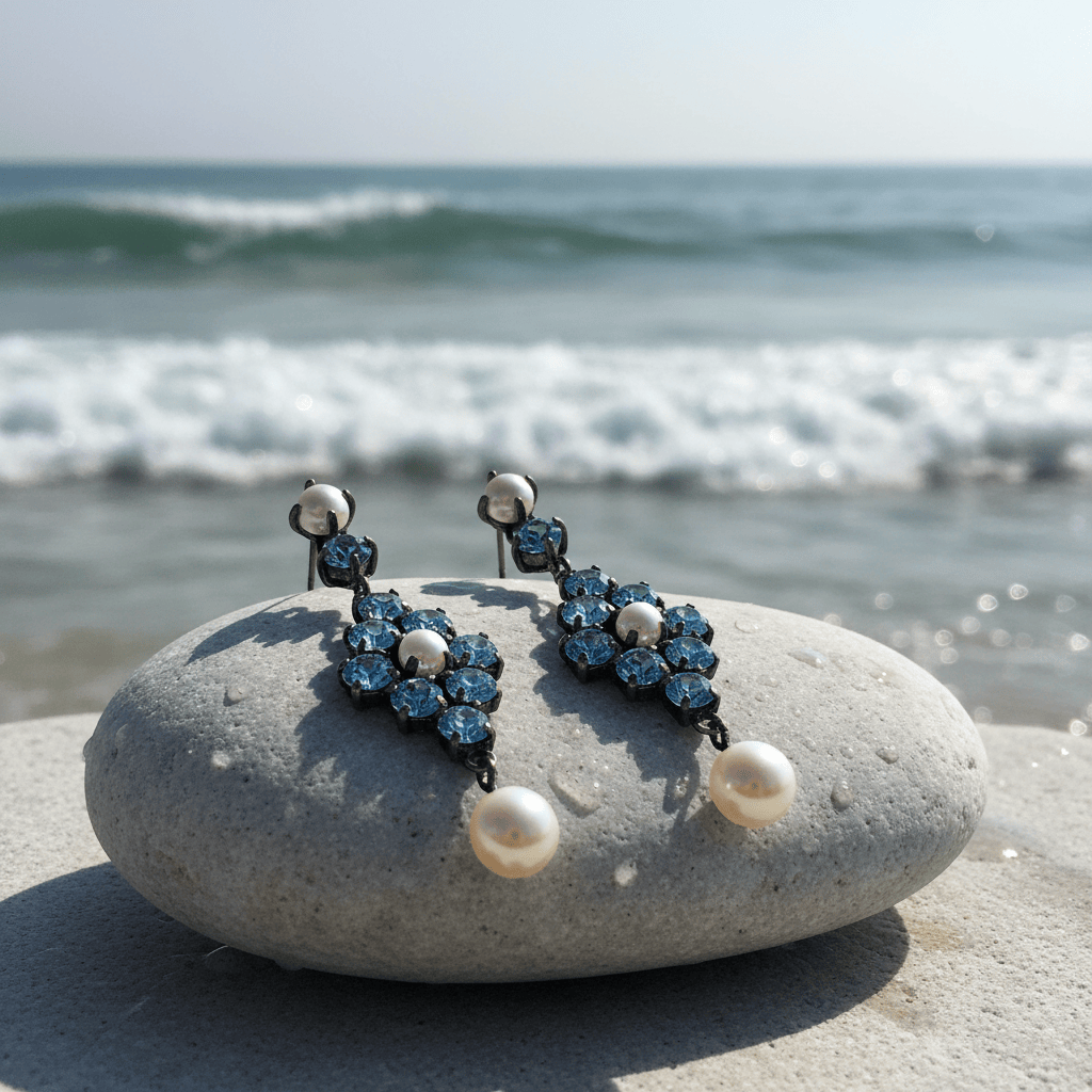 Giora Pendant Earrings With Pearl &amp; Swarovski Crystal Turquoise Brand Earrings