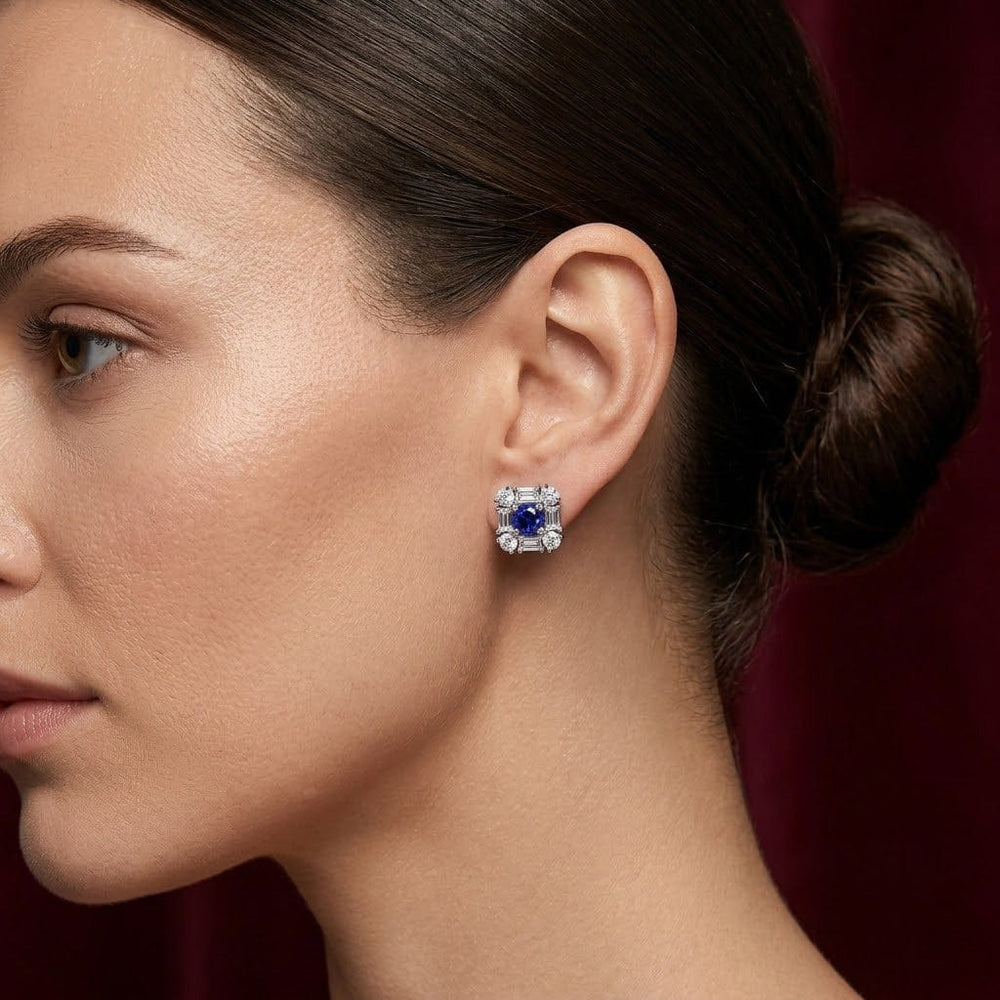 LEIBISH Blue Round Sapphire & Diamond Halo Stud Earrings Brand Earrings