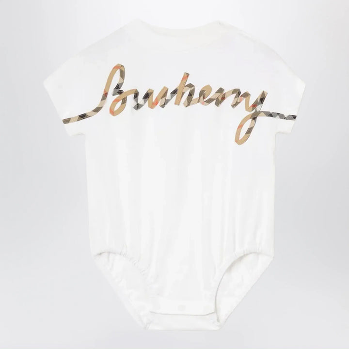 Burberry - Cotton jersey bodysuit with Check logo in white Brand Leotards &amp; Unitards 3M