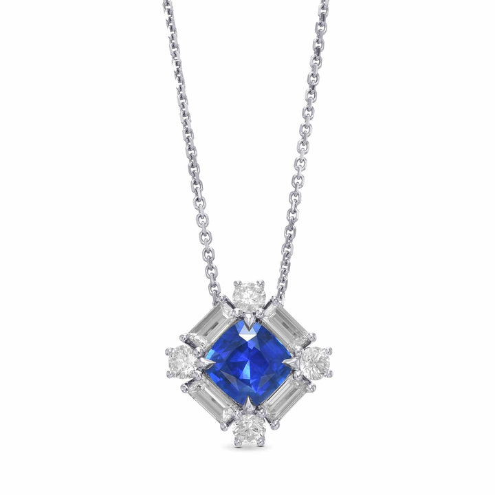 LEIBISH 0.92ct Cushion Blue Sapphire &amp; Baguette Diamond Pendant Brand Necklace