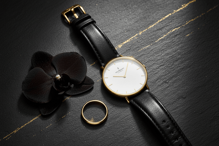 Nordgreen Native 36mm Yellow Gold Case Black Leather Strap Watch Brand Quartz Watches
