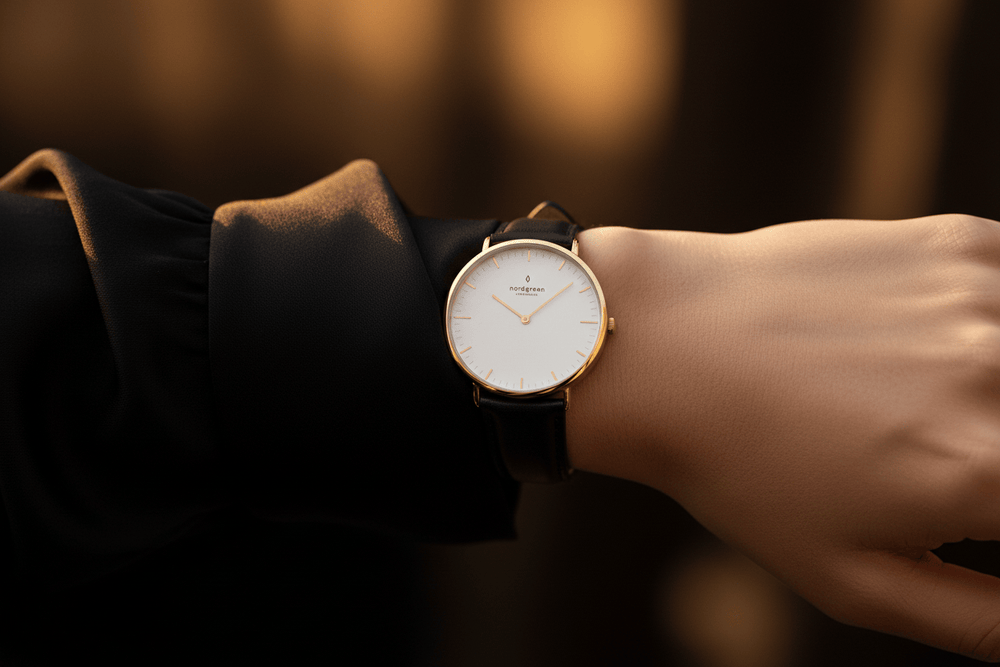 Nordgreen Native 36mm Yellow Gold Case Black Leather Strap Watch Brand Quartz Watches