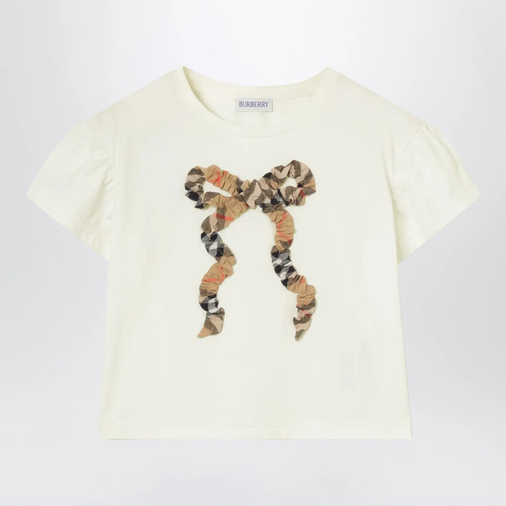 Burberry - Chalk white T-shirt with bow with Checked pattern Brand Shirts &amp; Tops 4Y