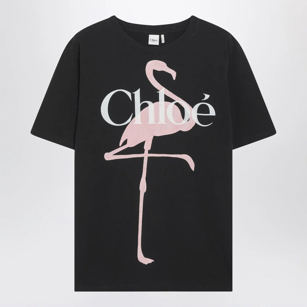 Chloé - Black oversized T-shirt with logo and flamingo print Brand Shirts & Tops XS
