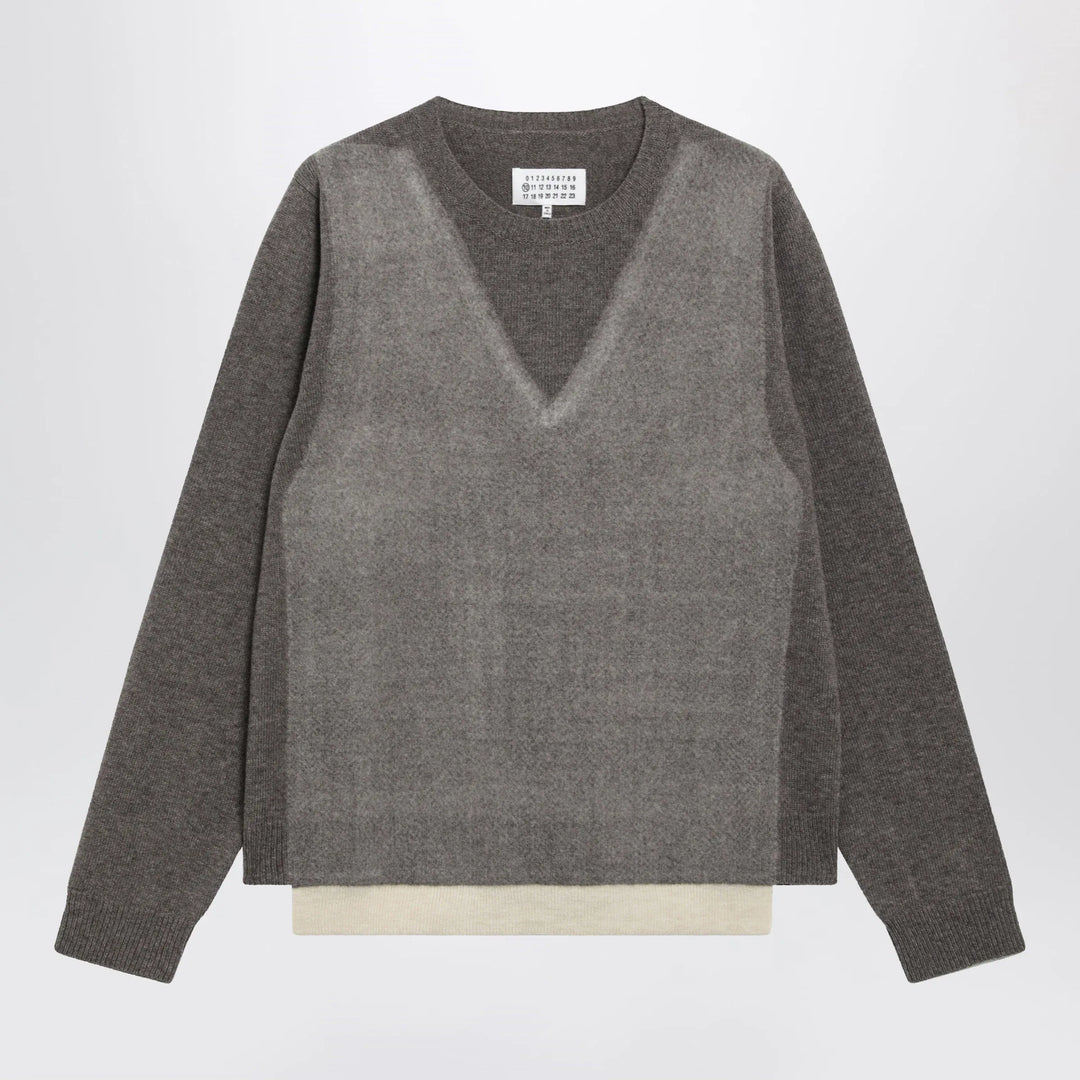 Maison Margiela - Crewneck lambswool sweater in mud and ecru Brand Shirts &amp; Tops S