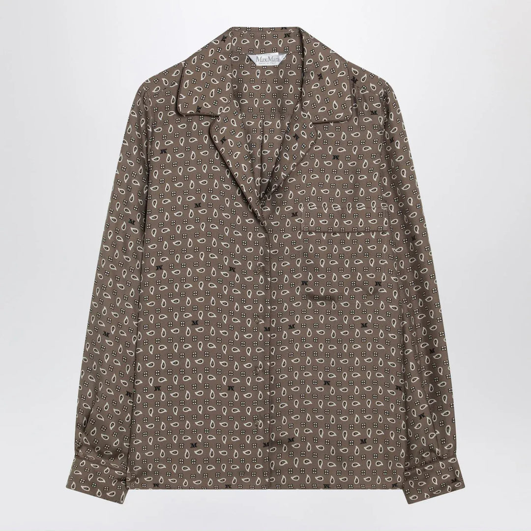 Max Mara - Printed silk shirt in mud colour Brand Shirts &amp; Tops 42  IT
