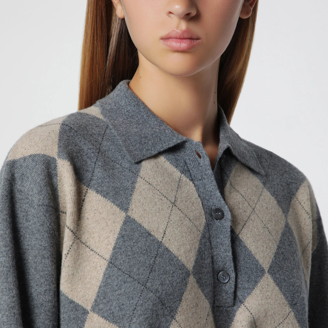 Róhe - Grey polo with beige Argyle pattern in wool blend Brand Shirts &amp; Tops
