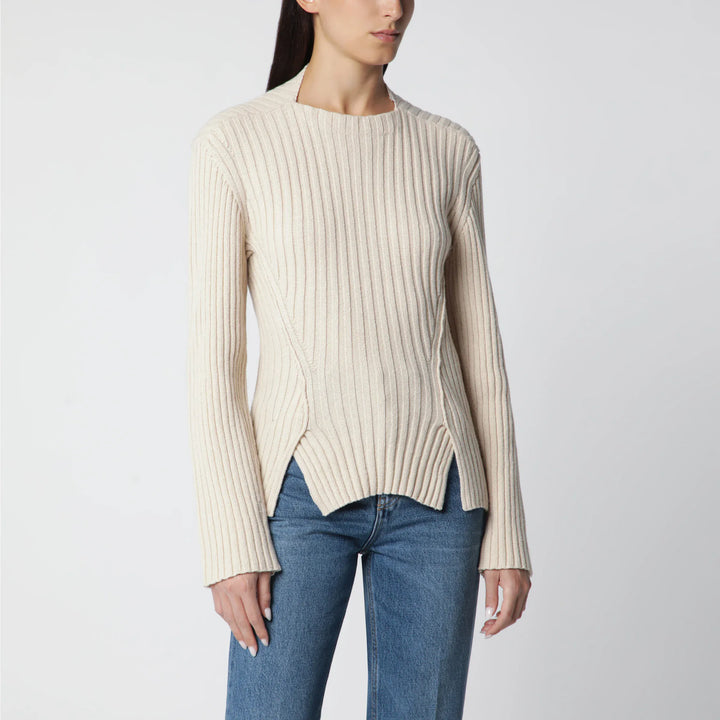 Victoria Beckham - Ribbed Sweater in Beige Wool and Cashmere Brand Shirts &amp; Tops M