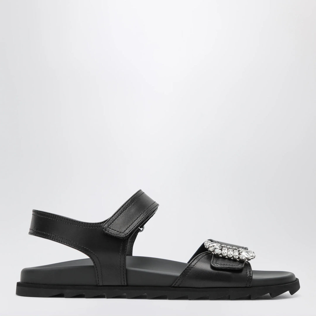 ROGER VIVIER - Black leather sandals with crystal buckle Brand Shoes 38 IT