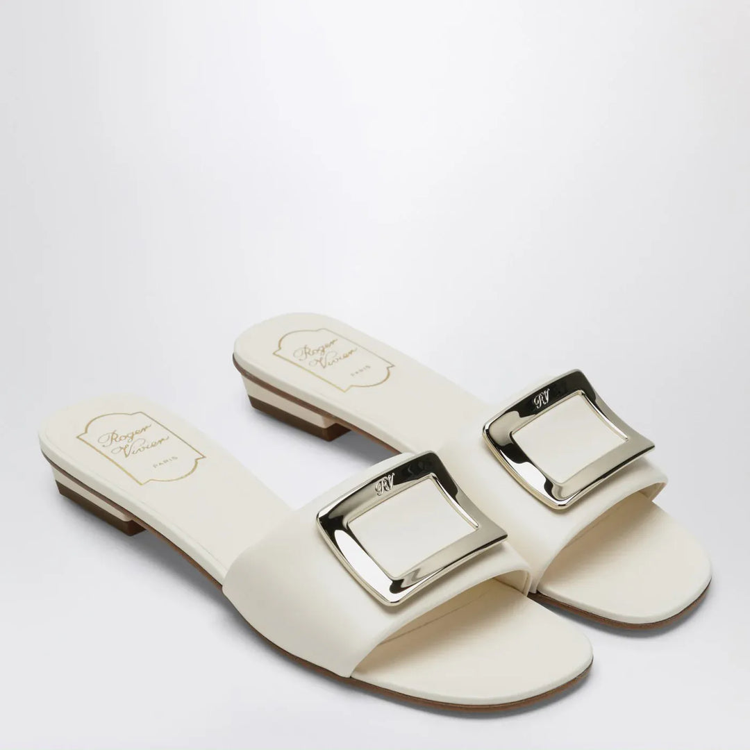 ROGER VIVIER - Square buckle leather slides white Brand Shoes