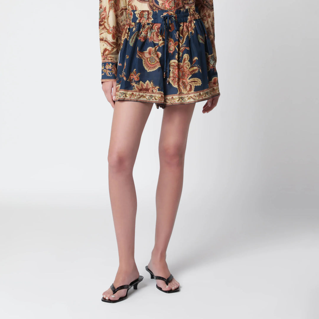 ZIMMERMANN - Aster relaxed-fit silk shorts in navy jacobean Brand Shorts