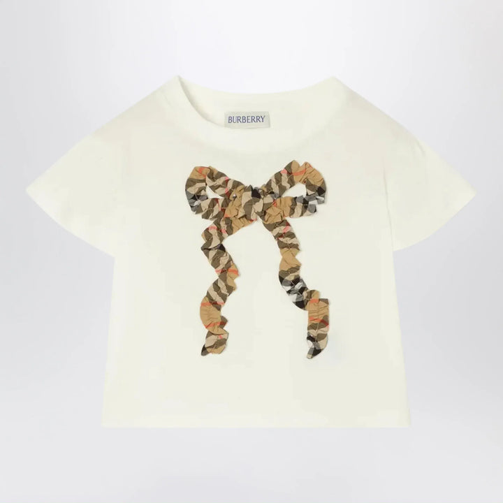 Burberry - Chalk white T-shirt with bow with Checked pattern Brand T-Shirt 2Y