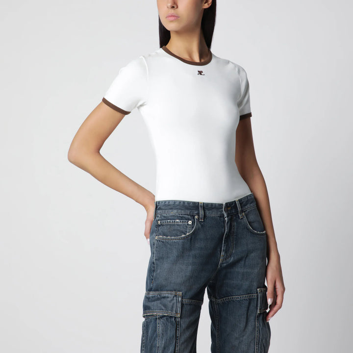 Courrèges - White/Brown cotton T-shirt with contrast crew neck Brand T-Shirt M