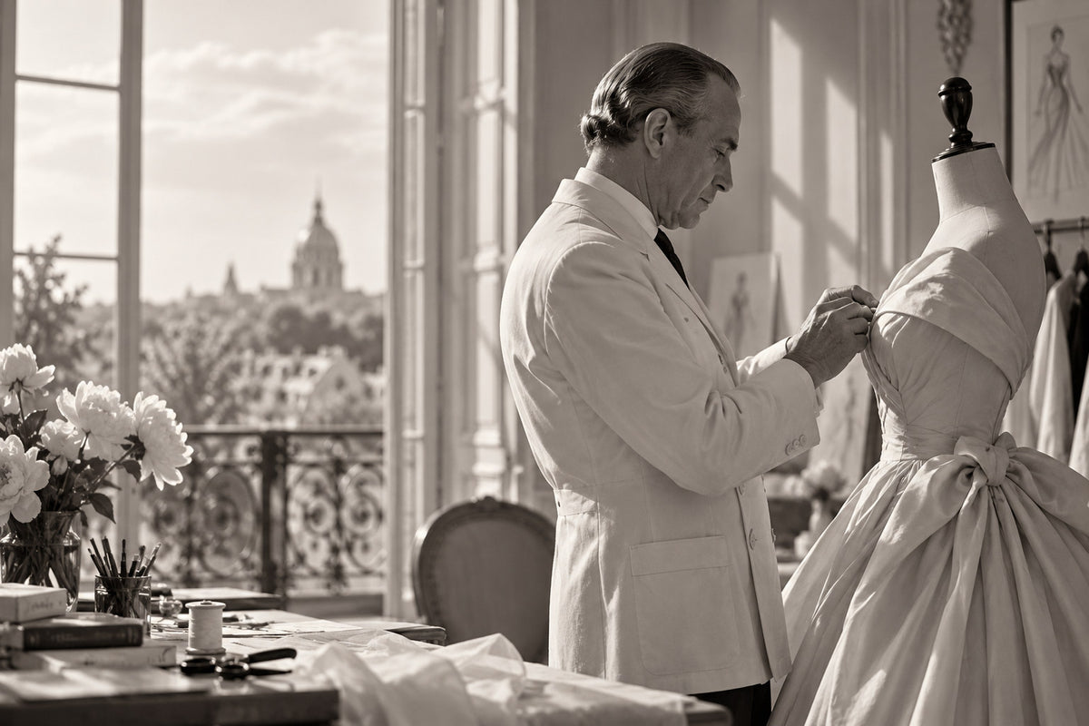 Editorial illustration of couture craftsmanship in a Paris atelier